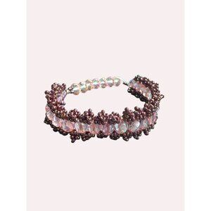 Handmade Iridescent Crystal Beaded Stretch Bracelet Pink Purple Cluster